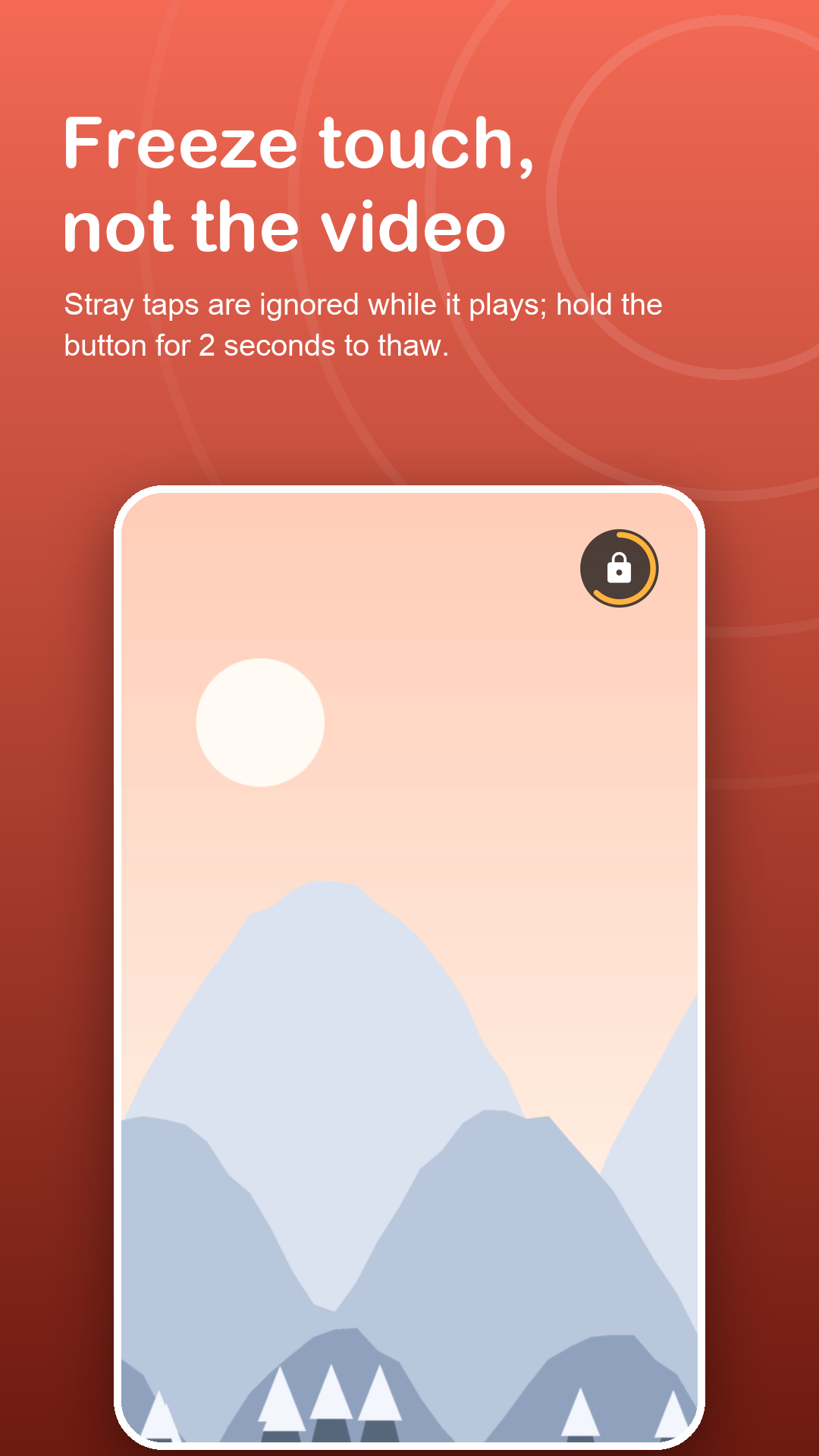 Snowy mountain video playing with the lock button being held