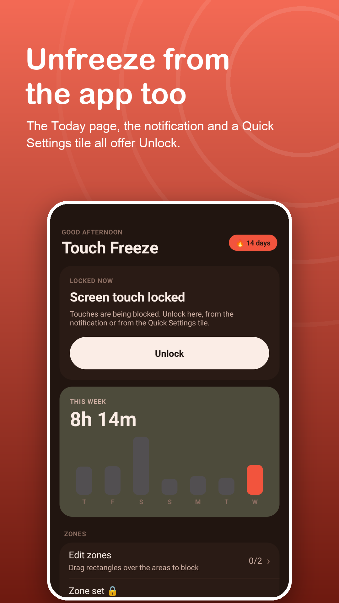Today page while touch is frozen, with an Unlock button