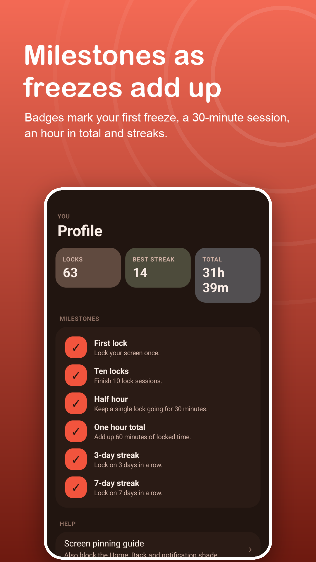 Profile with totals and unlocked milestone badges